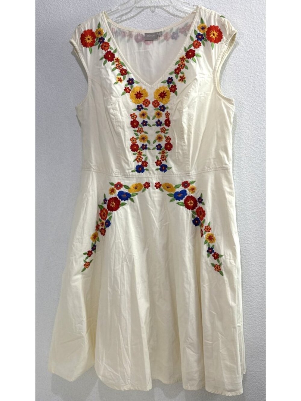 Eshatki Cotton Mexican Embroidered Floral White Ivory Fit & Flare Dress Sz 20W